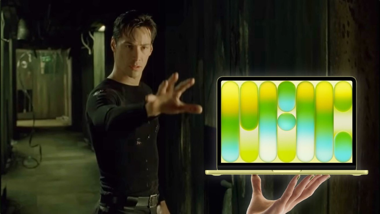 Neo from The Matrix extends his hand dramatically toward a MacBook Neo with colorful abstract patterns, which is held up by an outstretched hand in the foreground