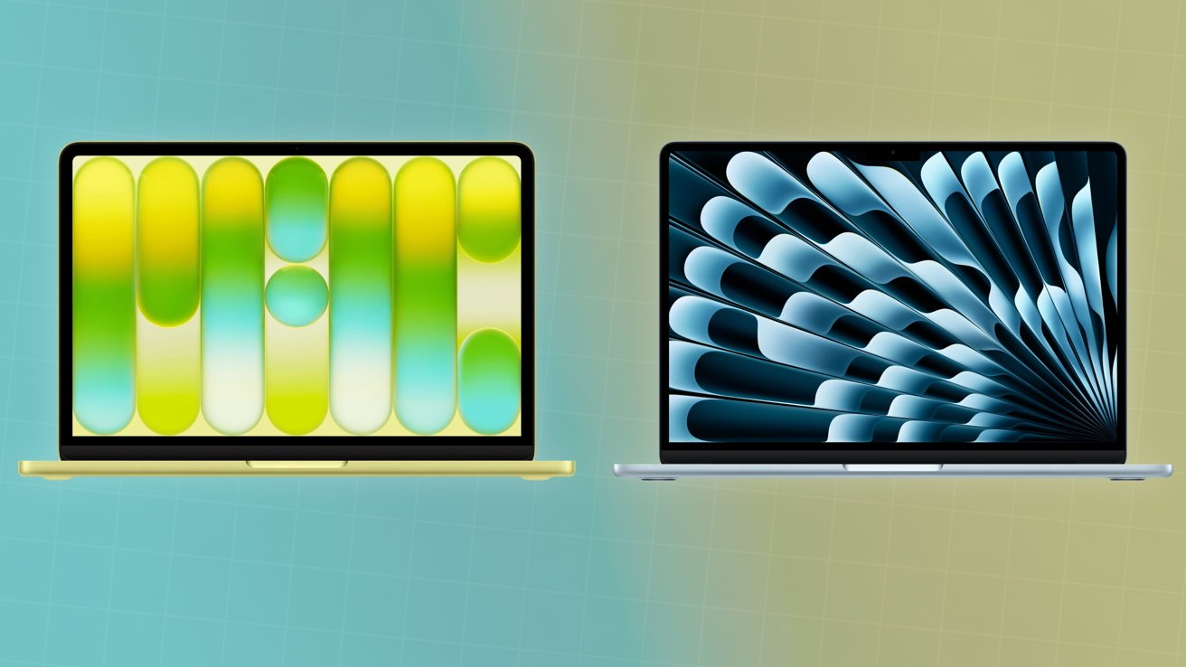 Two open laptops side by side, each showing colorful abstract wallpapers; left screen has vertical yellow-green shapes, right screen has blue fan-like pattern on a gradient background