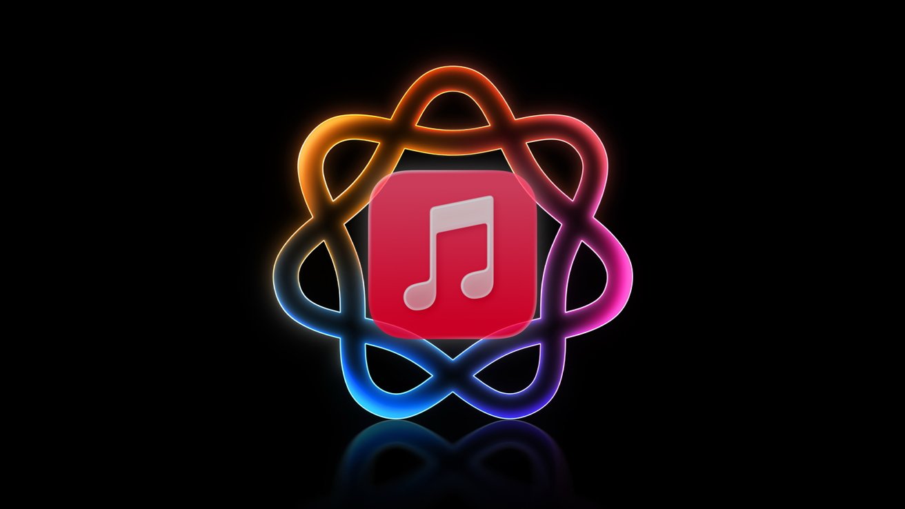 Pink music app icon with white note centered on a dark background, surrounded by a glowing multicolor neon loop resembling an abstract atom or infinity symbol.