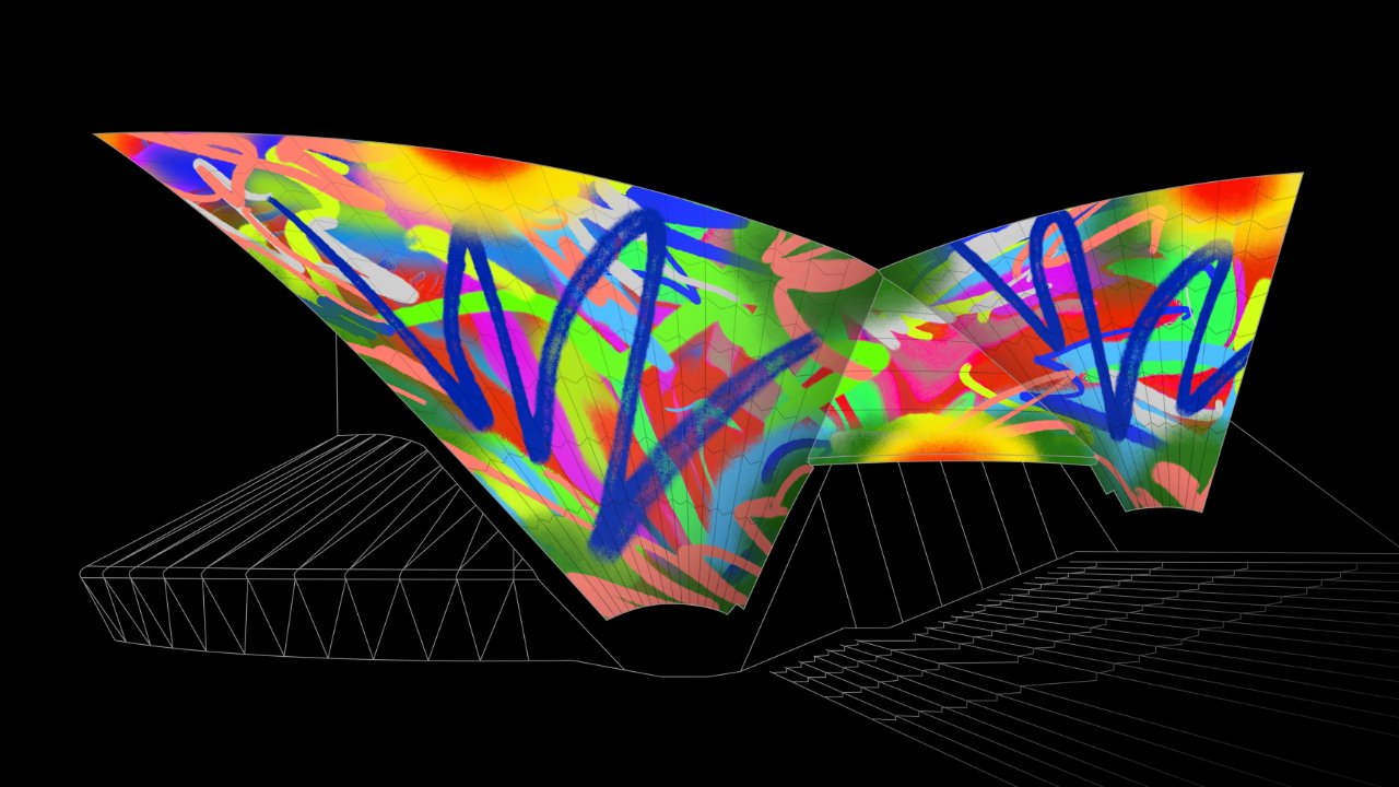 Sydney Opera House sails lit with vivid rainbow graffiti-style projections, sweeping blue and orange strokes over neon greens, pinks, and yellows, against a black night sky and outlined forecourt