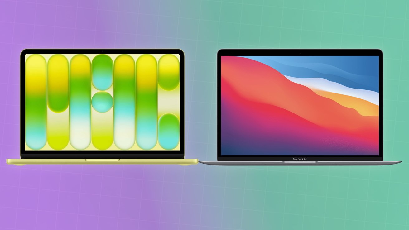 Two open MacBook-style laptops side by side: left with bright yellow-green abstract shapes on screen, right with colorful red, blue, and orange gradient wallpaper, on pastel gradient background.