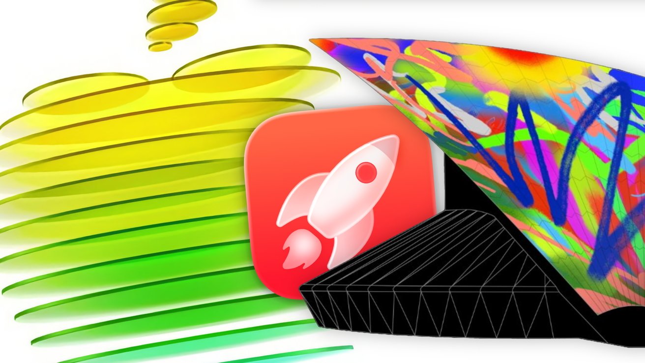 Colorful abstract art with green and yellow sweeping lines, a red rounded square icon showing a white rocket, and a multicolored triangular shape over a black geometric structure
