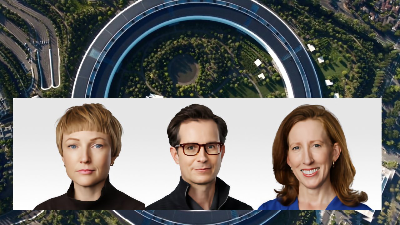 Three professional headshots in a row over an aerial view of a circular office campus, showing two women and one man facing forward, smiling or neutral, on a light background.