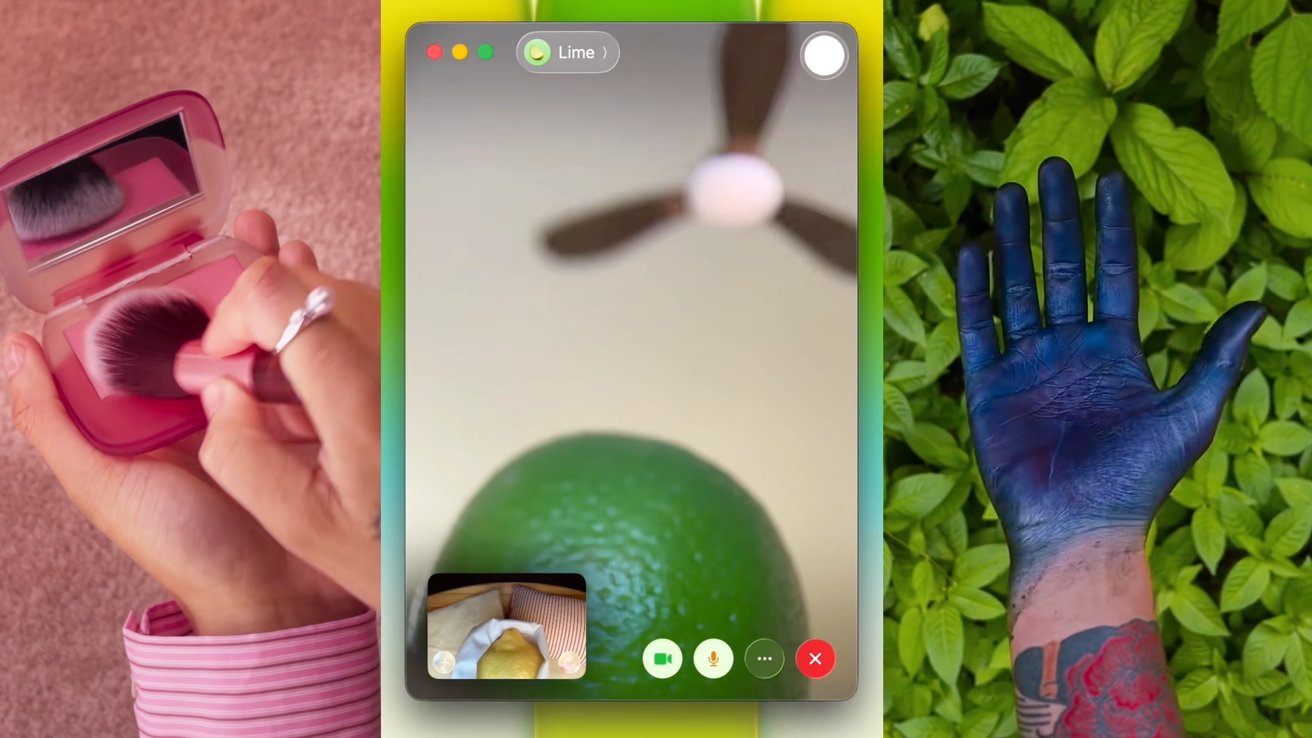 Split scene showing: left, hand brushing pink makeup in compact; center, smartphone video call focused on a lime and ceiling fan; right, tattooed arm with deep blue hand over green leaves