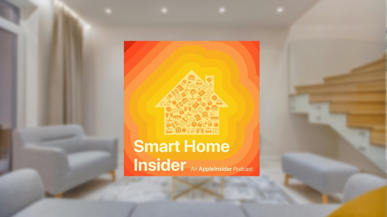 Smart Home Insider podcast cover with stylized house icon on orange gradient background, overlaid on a blurred modern living room with sofas, staircase, and soft lighting