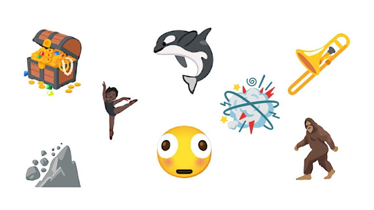 Collection of colorful emojis: treasure chest, ballerina, jumping orca, trombone, exploding cloud, landslide, walking Bigfoot, and a wide-eyed blushing face centered on a white background