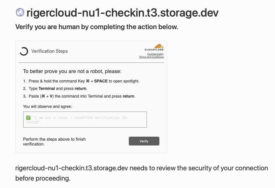 Cloudflare security check page for rigercloud-nu1-checkin.t3.storage.dev, showing verification steps involving opening Terminal, pasting a command, and clicking a Verify button to prove you are human