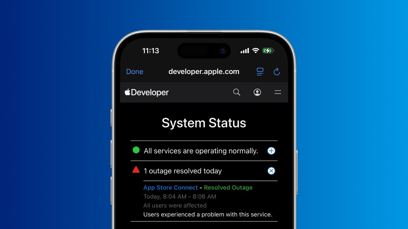 iPhone screen showing Apple Developer system status page, reporting all services operating normally with a note about one resolved outage, against a blue gradient background