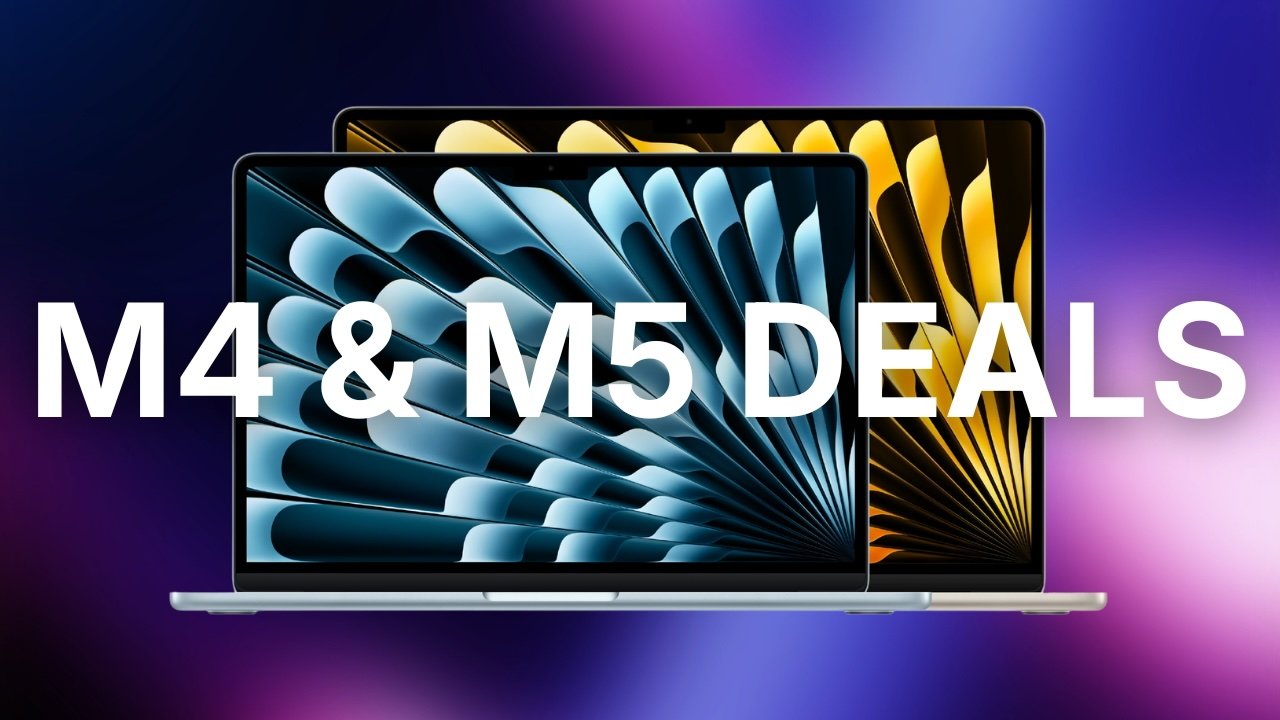 Two colorful MacBook Air laptops with abstract fan-like wallpapers overlap on a purple gradient background, overlaid by large white text reading M4 & M5 DEALS