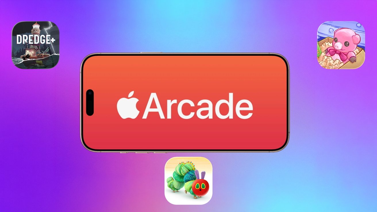 iPhone screen showing Apple Arcade logo on a red background, surrounded by colorful game icons including Dredge Plus, a cute pig game, and a caterpillar game on a gradient purple blue background