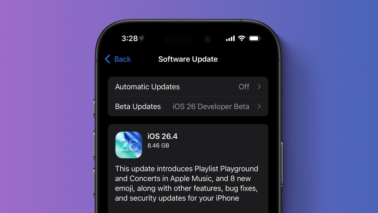 iPhone screen showing Software Update settings with iOS 26.4 update details, including size 8.46 GB and description text, on a purple-blue gradient background