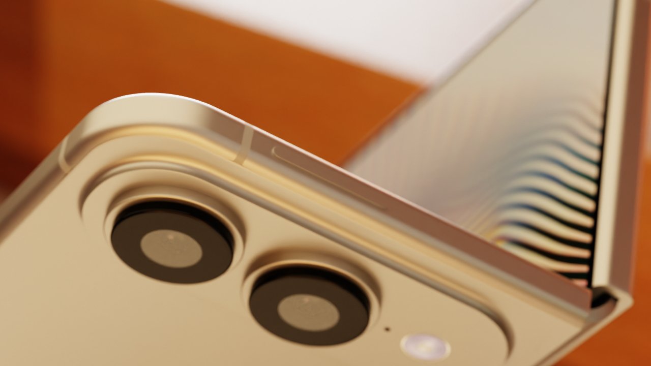 Close-up of a beige smartphone's dual rear cameras and flash near a reflective, folded hinge or screen, showing sleek metallic edges and soft warm lighting.