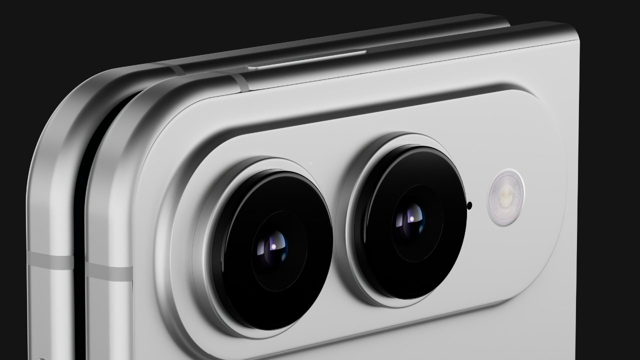 Close-up of a sleek silver smartphone corner featuring two large black camera lenses and a small circular flash on a minimalist rectangular camera bump