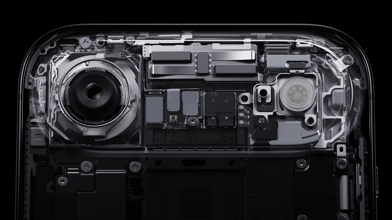 Close-up transparent view of a smartphone's internal components, showing camera lens, sensors, circuit boards, and wiring arranged neatly against a dark background