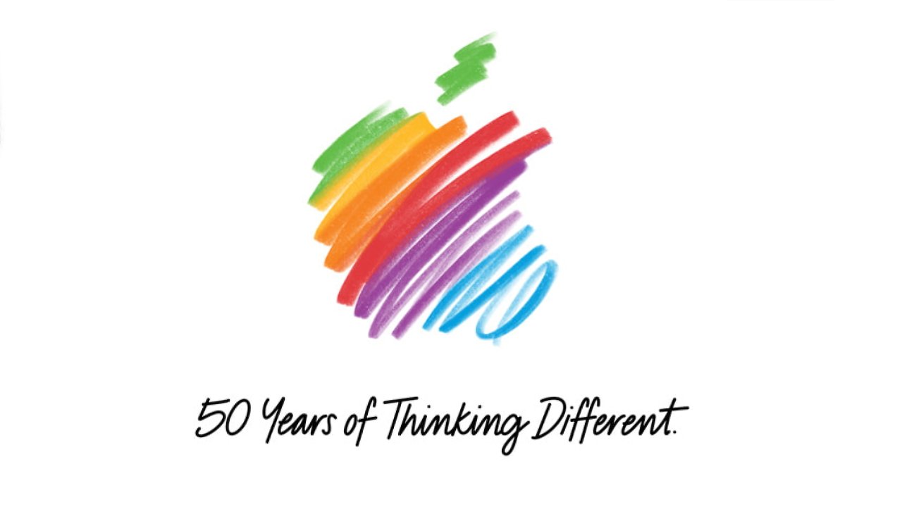 Colorful hand-drawn strokes forming an abstract apple shape above handwritten text reading 50 Years of Thinking Different on a white background