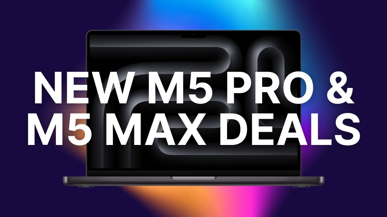 Open MacBook Pro laptop with colorful glowing background and large white text across the screen reading NEW M5 PRO and M5 MAX DEALS