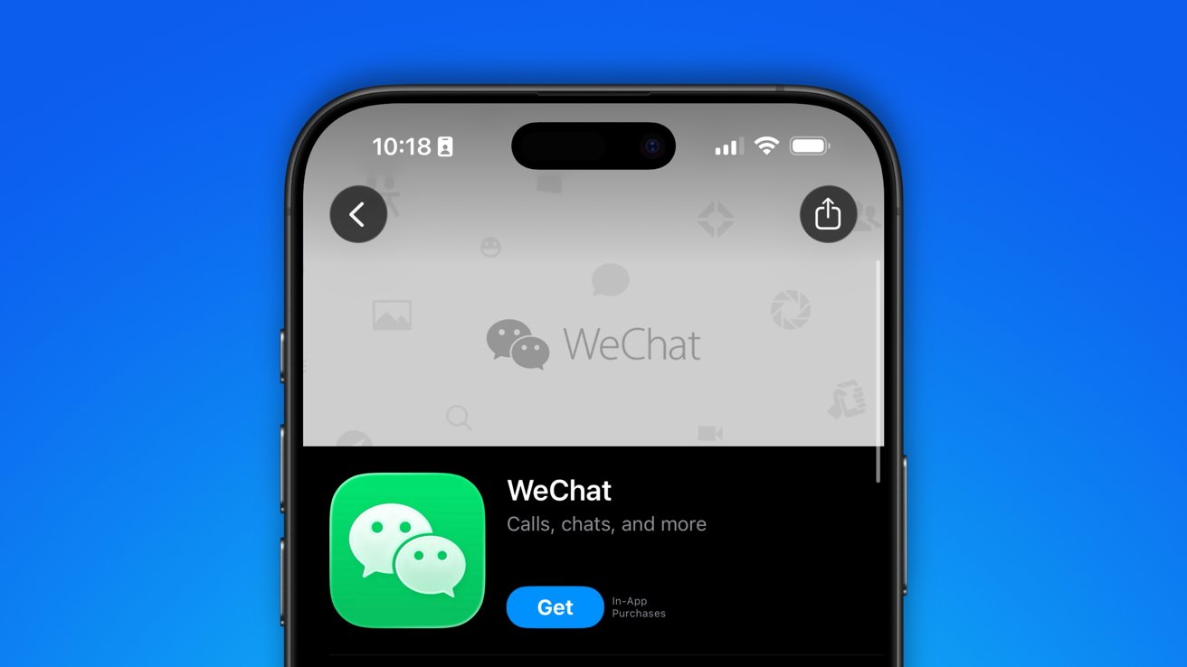 Smartphone screen displaying the WeChat app page in an app store, showing green WeChat logo, description calls, chats, and more, with a blue Get button on a blue background