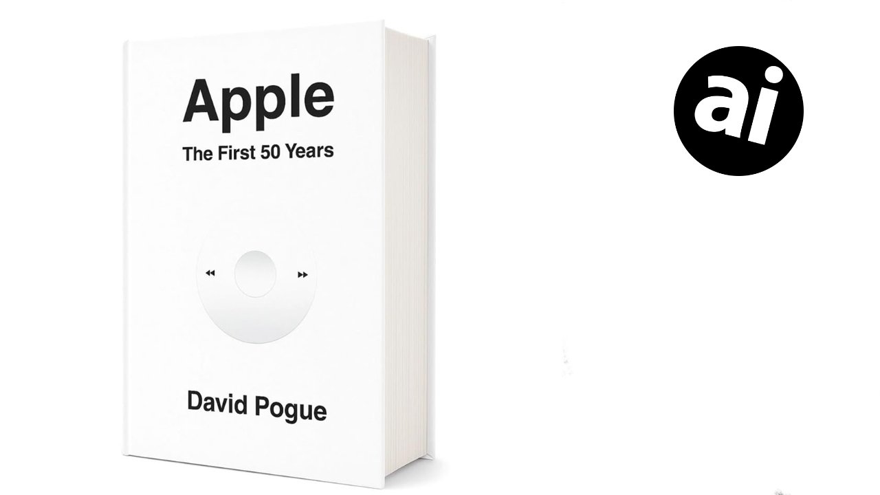 White book titled Apple The First 50 Years by David Pogue, featuring a subtle iPod click wheel illustration on the cover, with a small black ai logo circle to the right