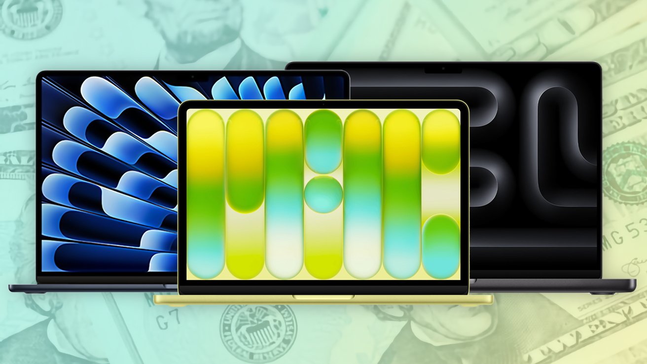 Three open laptops with colorful abstract screens overlap in front of a faint background of U.S. dollar bills, suggesting technology purchases or laptop cost comparison.