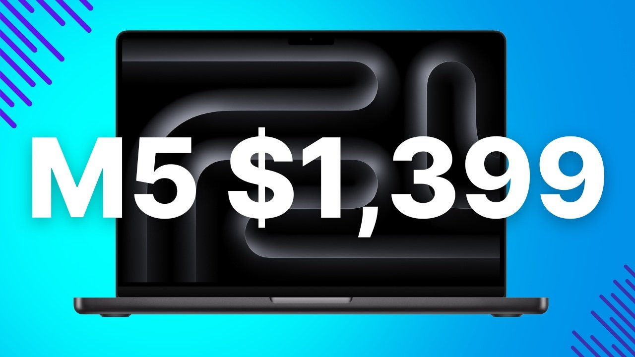 Open MacBook Pro M5 laptop on bright blue background with abstract dark pattern on screen, large bold white text centered over it reading M5 $1,399