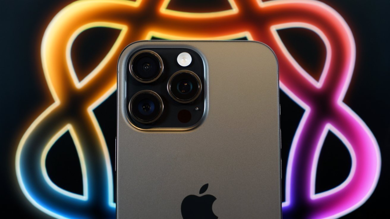 Close-up of a modern iPhone's triple camera and flash, set against a dark background with glowing, multicolored, overlapping loop shapes in orange, blue, and pink.