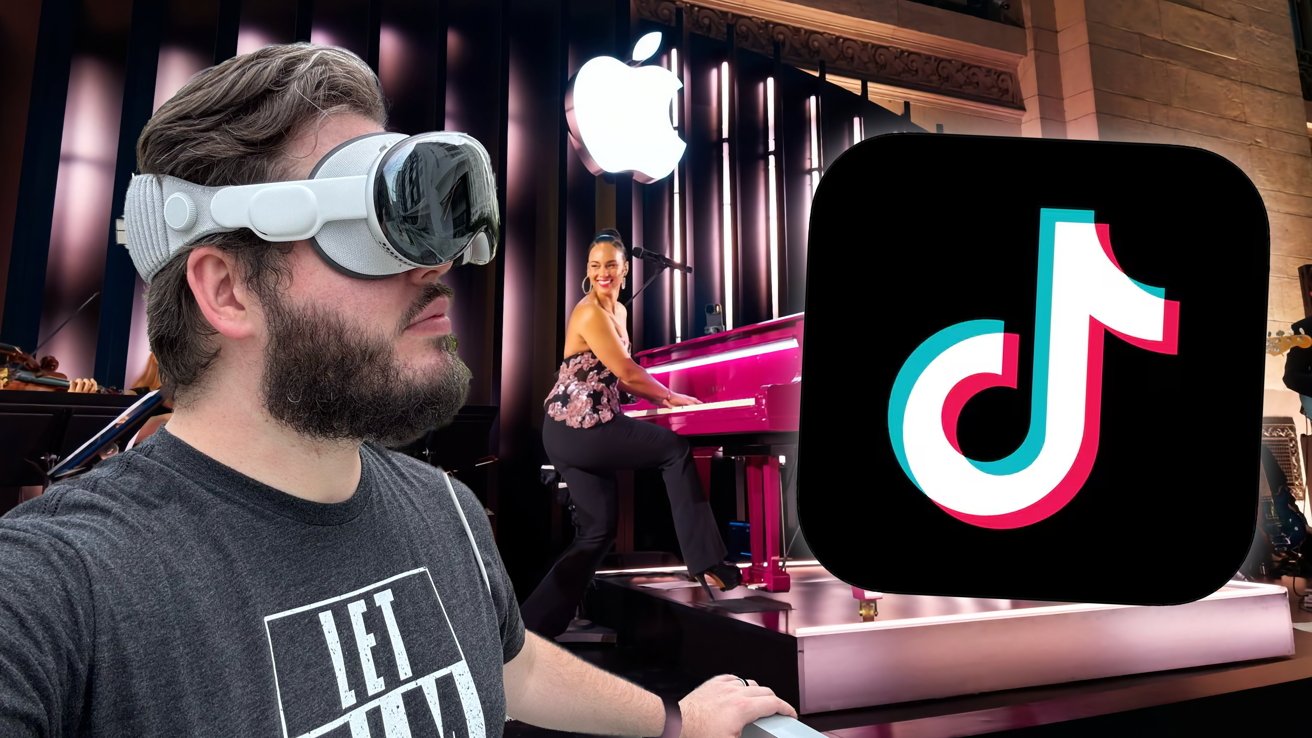 Man wearing Apple Vision Pro headset stands before stage with woman at pink piano, large glowing Apple logo behind her, and oversized TikTok logo dominating the right side.