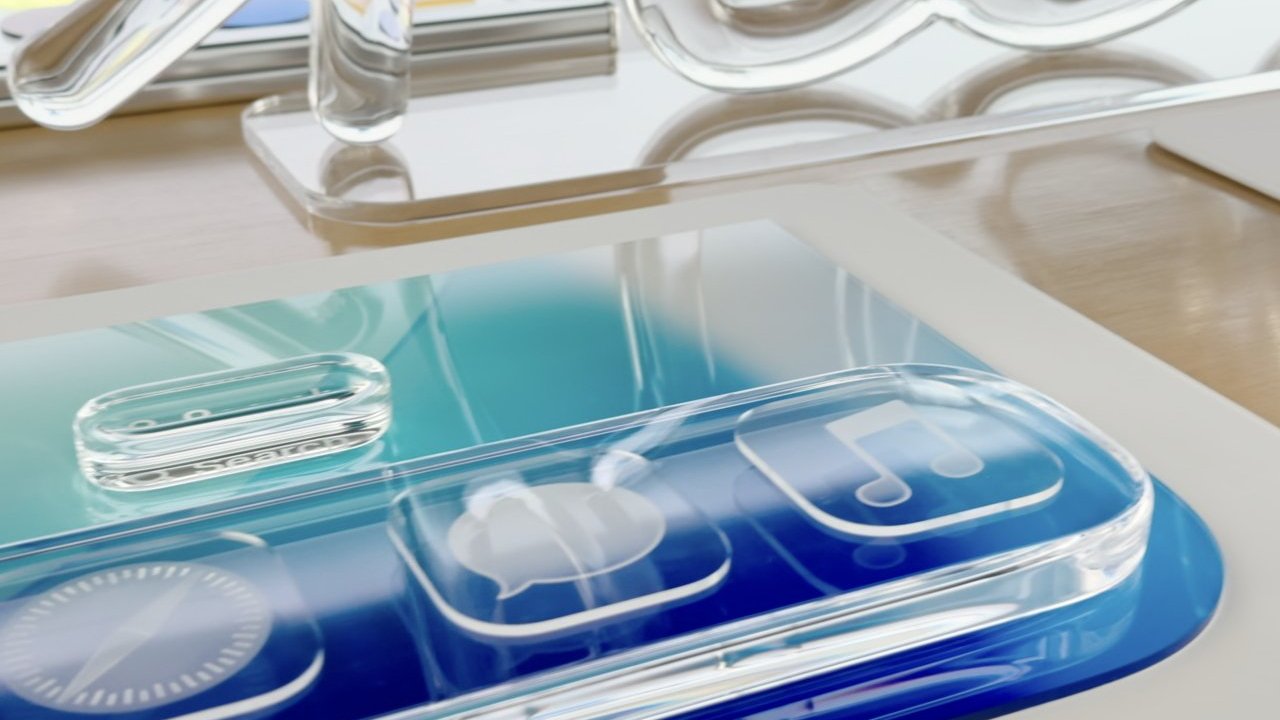 Close-up of a glossy smartphone screen displaying rounded, glass-like app icons for search, messages, music, and other apps on a blue gradient background with reflections.