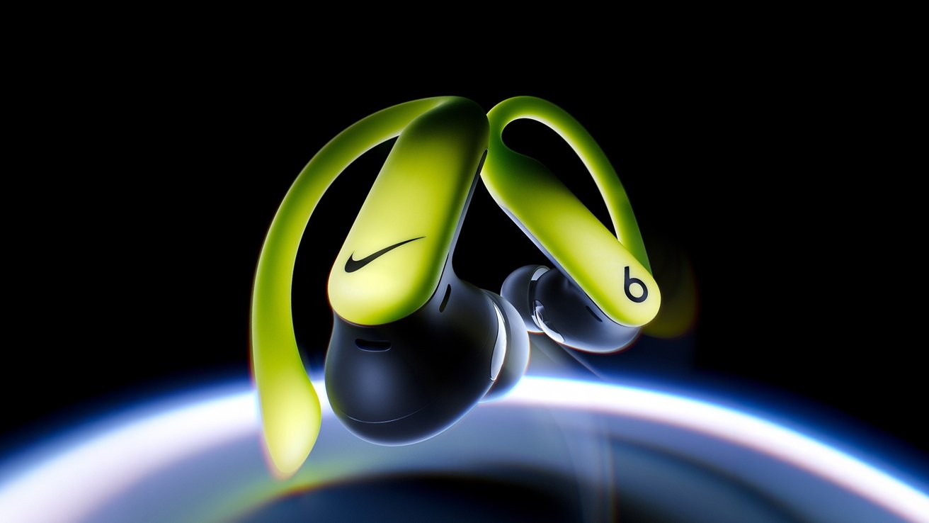 Neon yellow and black Nike and Beats wireless sport earbuds floating dramatically above a glowing curved horizon on a dark background, emphasizing sleek, futuristic design and active lifestyle branding