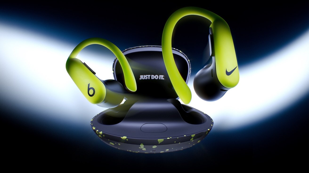 Neon yellow and black wireless sports earphones with ear hooks, floating above a dark round charging case, featuring Nike swoosh and Beats logo under dramatic spotlight on black background