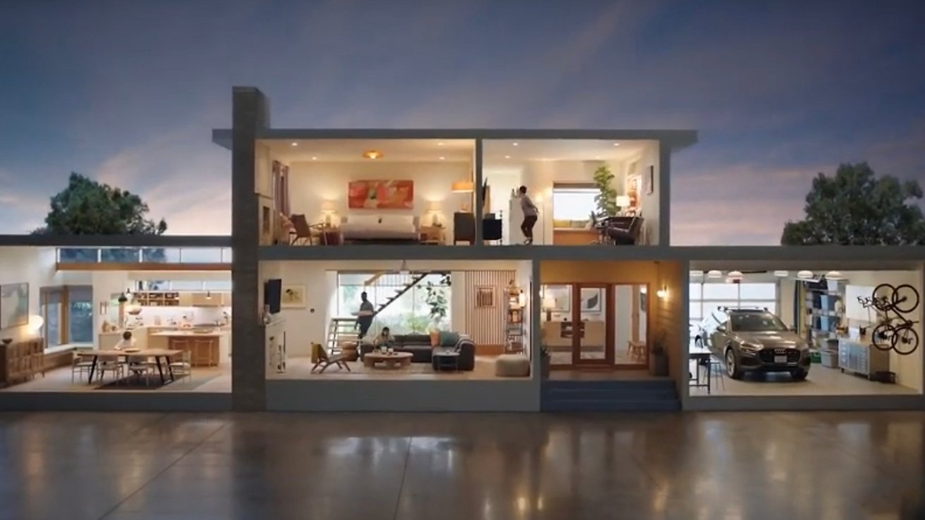 Twostory modern house crosssection at dusk, showing furnished rooms, people relaxing and walking, open kitchen, living room, bedrooms, home office, and a garage with a parked car and bicycles