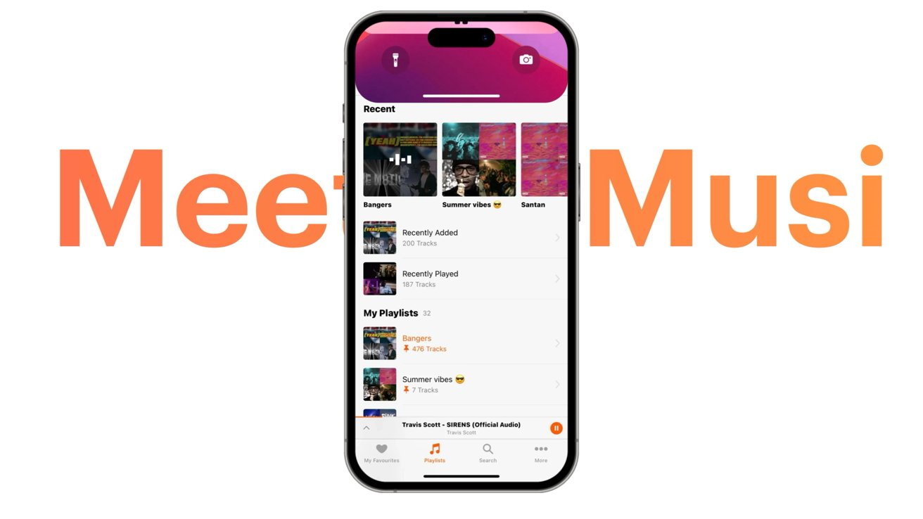 iPhone displaying a colorful music app interface with recent albums, playlists, and a currently playing track, overlaid on large orange text reading Meet Mus behind the phone