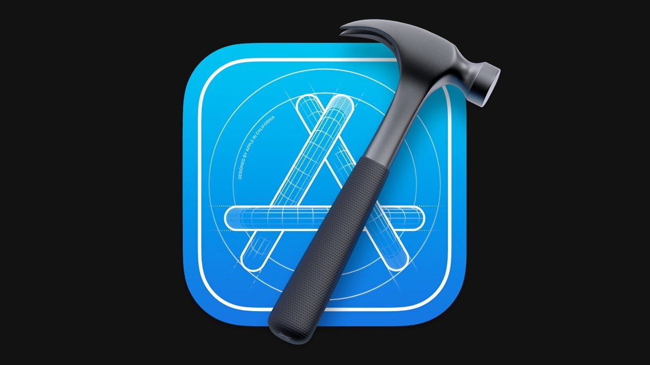 Blue app icon with white wireframe letter A blueprint, overlaid by a realistic black-handled hammer, symbolizing software development tools on a dark background