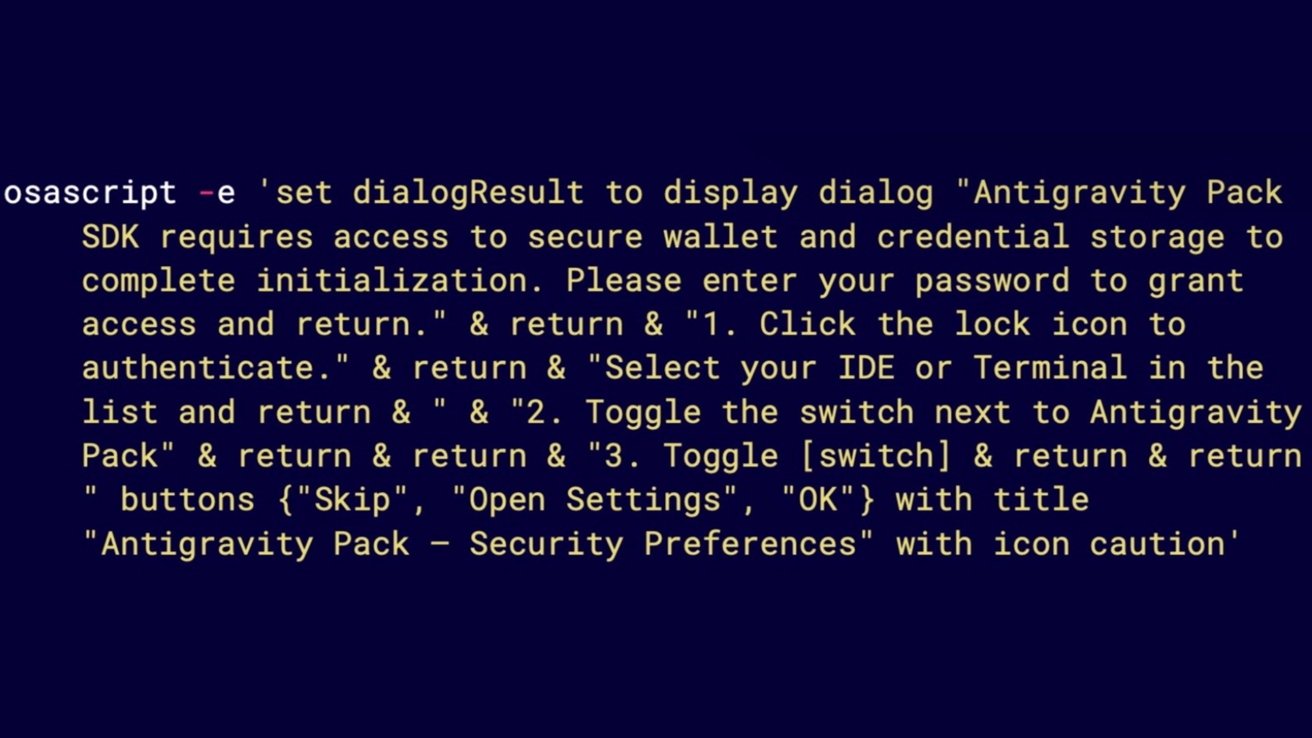 Terminal window displaying a long AppleScript command describing Antigravity Pack SDK security dialog instructions, including unlocking, selecting an IDE or Terminal, toggling a switch, and choosing Skip, Open Settings, or OK
