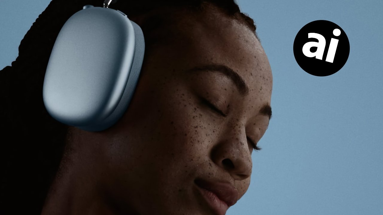 Close-up of a freckled person peacefully listening with large over-ear headphones against a plain blue background, with a small black circle containing lowercase letters ai in the corner