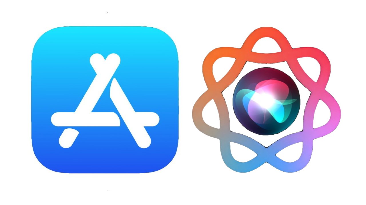 Apple App Store icon on the left, featuring white stylized A on blue gradient square; on the right, colorful atomic-style outline surrounding glowing multicolored Siri orb logo