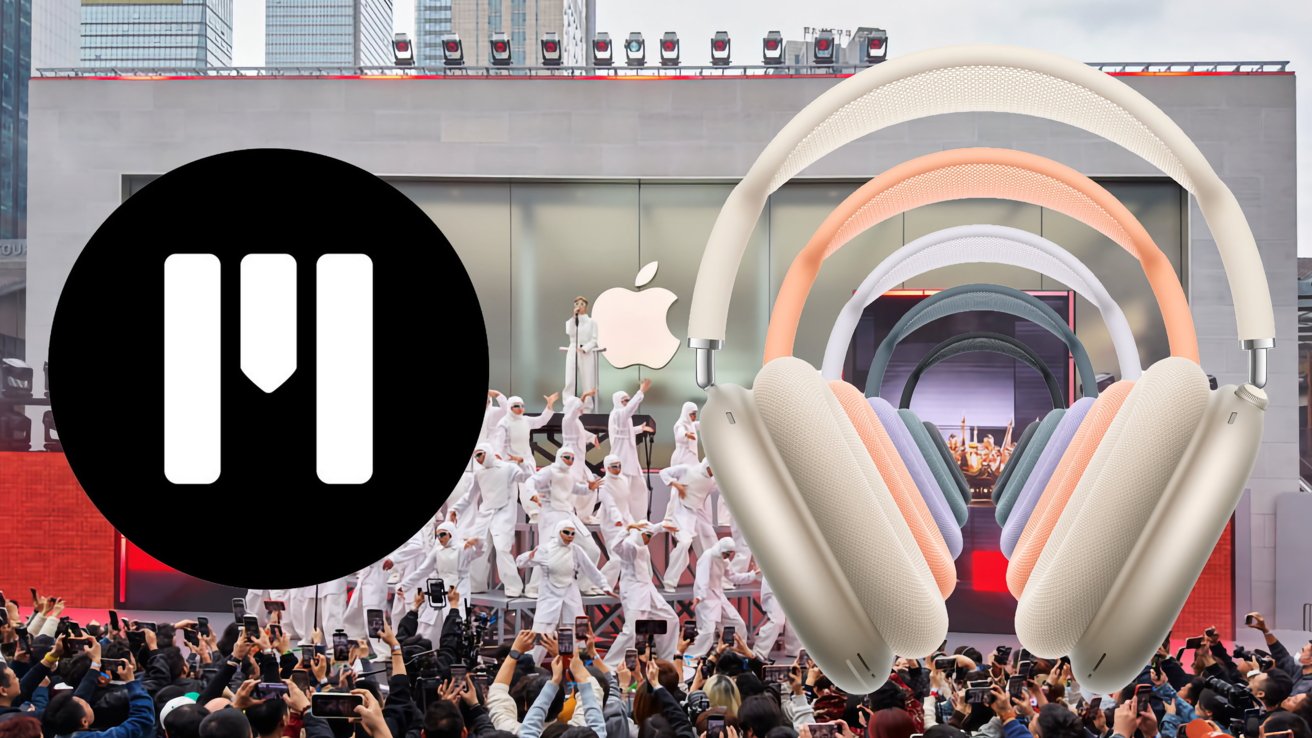 Large headphones layered in pastel colors over an outdoor Apple event with dancers in white costumes and a cheering crowd, plus a bold black circular logo with a white stylized M