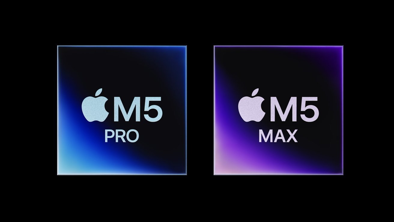 Two glowing square Apple chip graphics on black background: left shows Apple logo with text M5 Pro in blue gradient, right shows Apple logo with text M5 Max in purple gradient