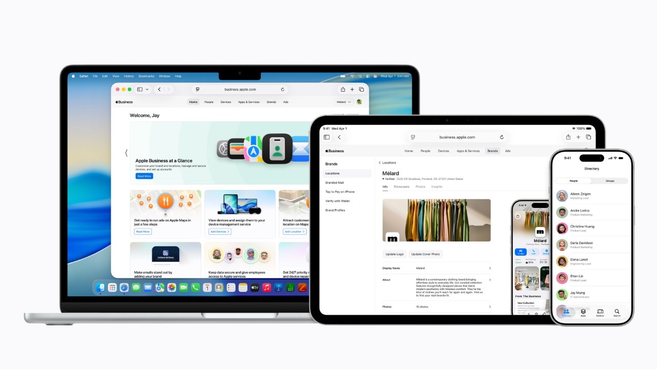 Apple MacBook, iPad, and iPhone displaying Apple Business web pages and apps, showing dashboards, business profiles, and contact directory against a clean white background