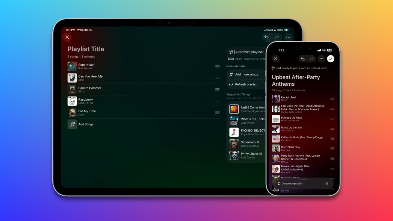 Tablet and smartphone displaying a dark-themed music app with playlists and song lists, set against a colorful gradient background transitioning from blue to pink, orange, and green