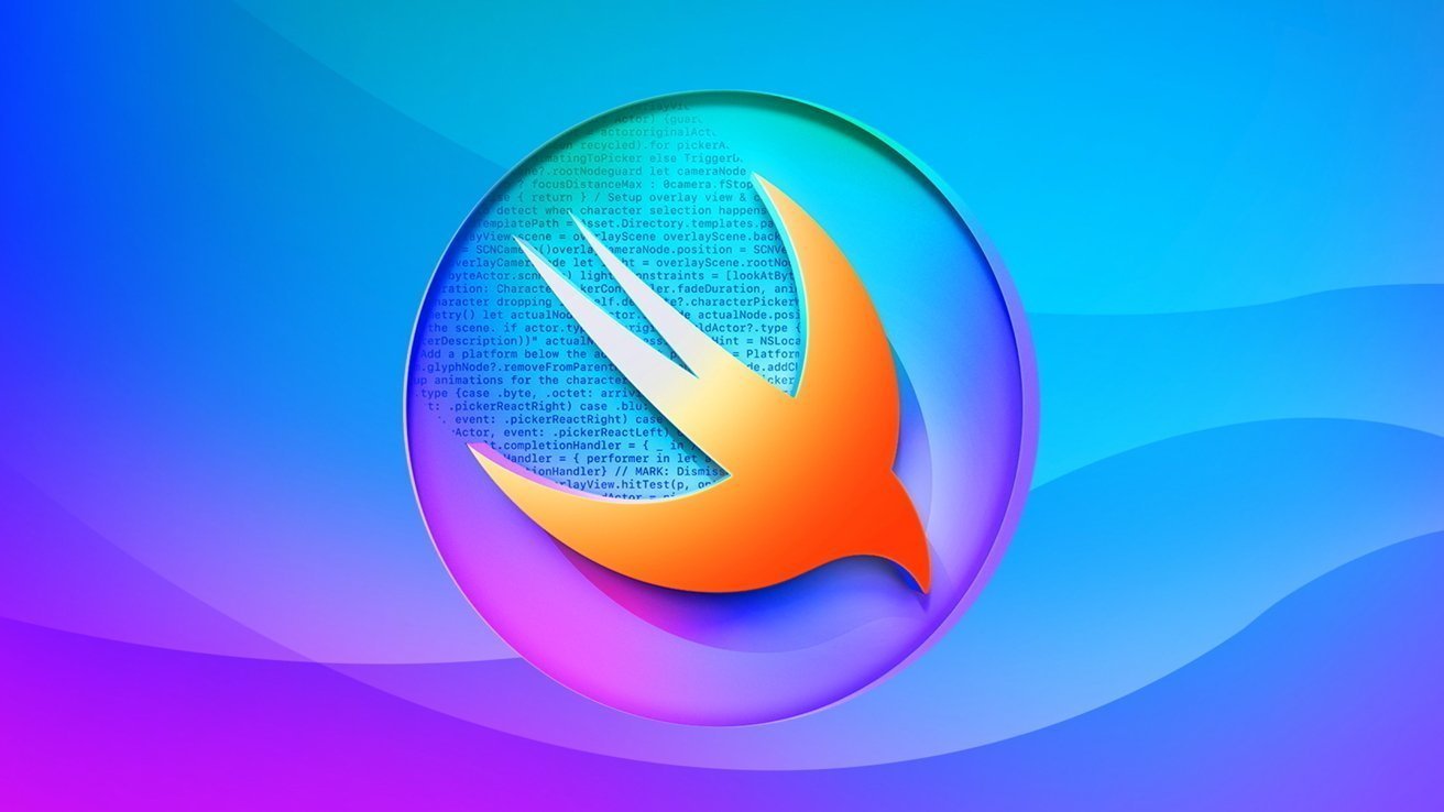 Swift programming language logo, an orange bird silhouette inside a circular gradient orb with faint code text, set against a vibrant blue and purple wavy background