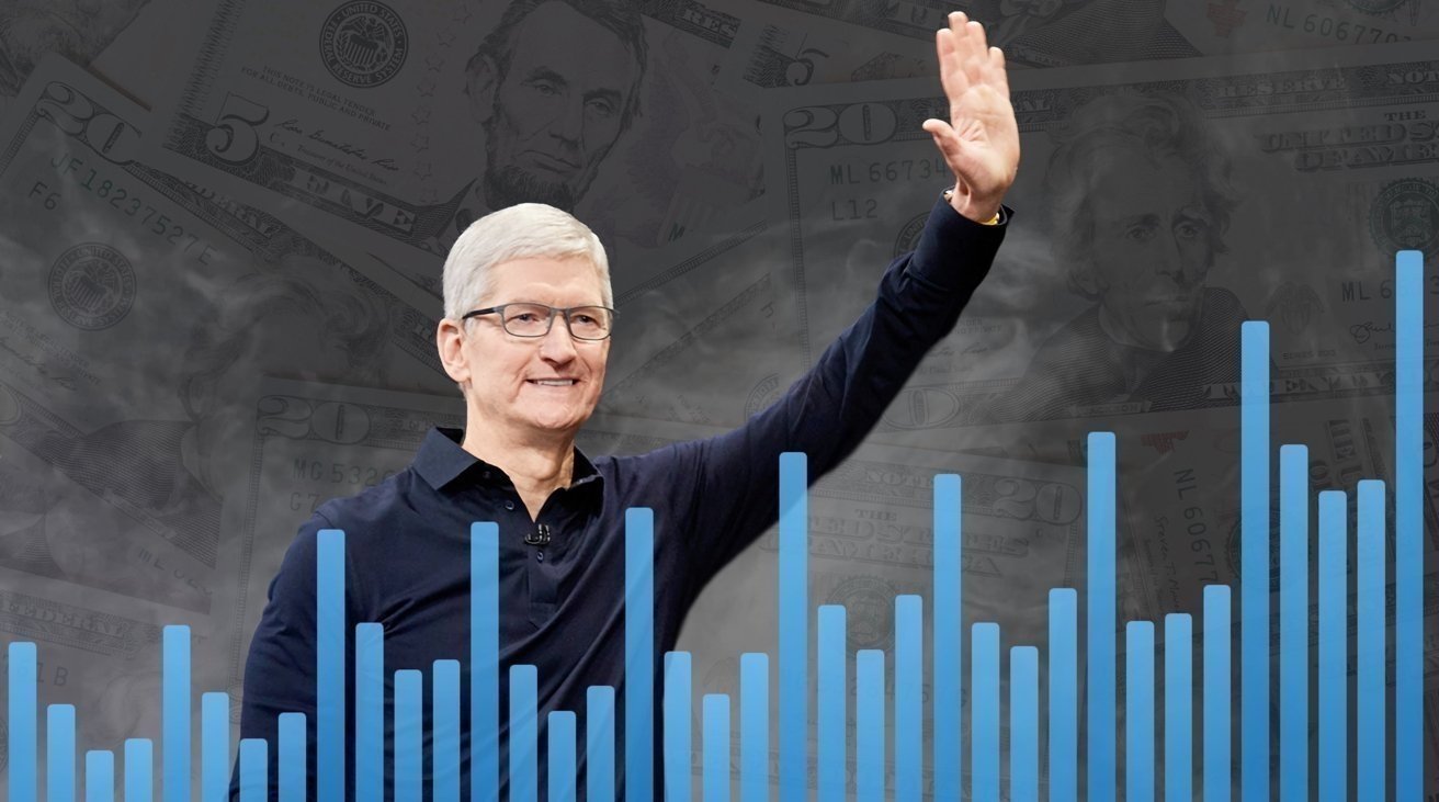 Smiling man with gray hair and glasses waves, standing before rising blue bar graph, with faded US dollar bills in the smoky background, suggesting financial growth or success
