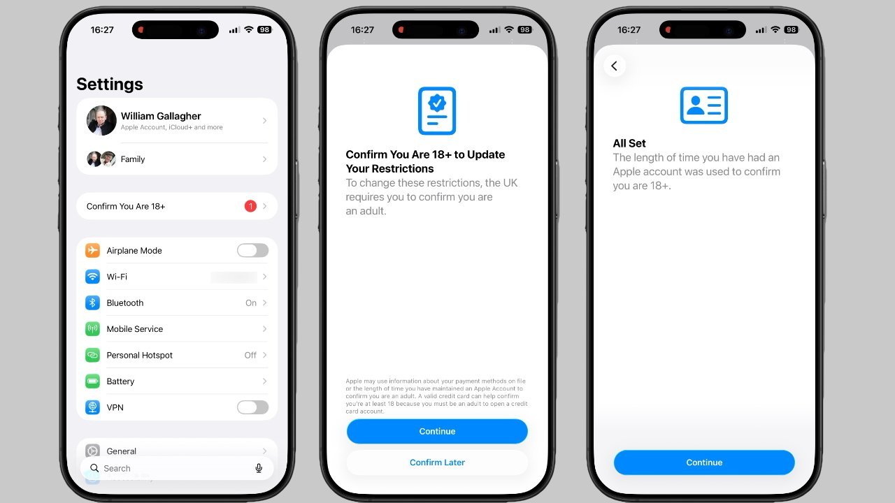 Three iPhone screens showing Settings and prompts for confirming the user is over 18 in the UK, ending with a confirmation screen that the Apple account age verification is complete.