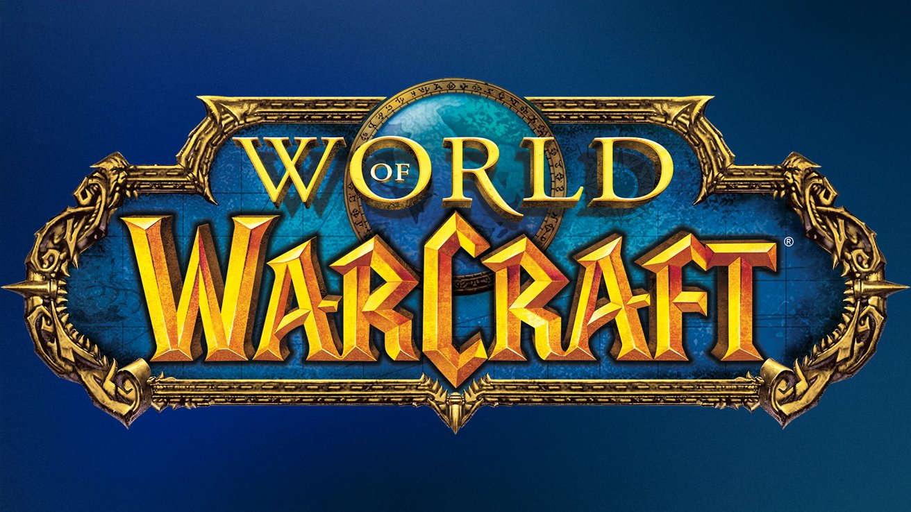 World of Warcraft logo with large golden fantasy-style letters on a blue globe background, framed by ornate gold decorations on a dark blue backdrop