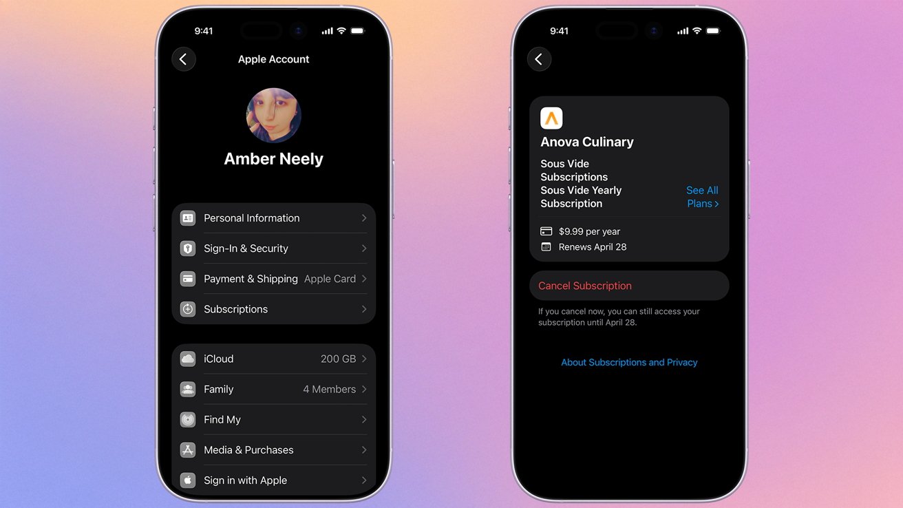 Two iPhones show Apple Account screens in dark mode: left displays user profile and settings list, right shows Anova Culinary subscription details with cancel subscription button on a pastel gradient background