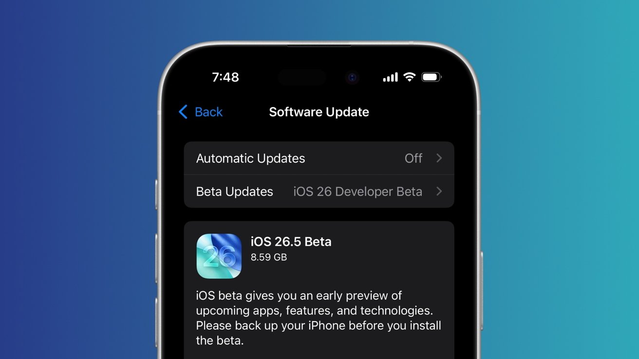 iPhone screen showing Software Update settings with iOS 26.5 Beta selected, 8.59 GB download, beta description text, and automatic updates switched off on a blue gradient background