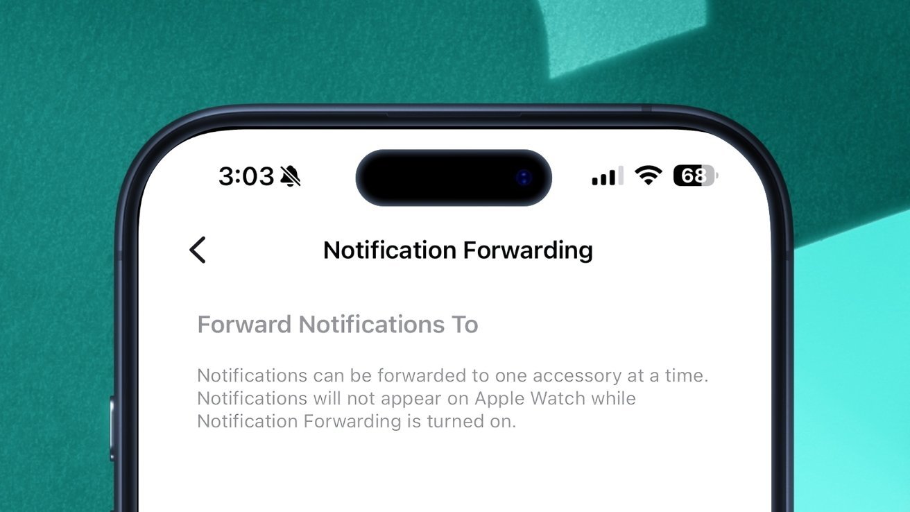 Close-up of an iPhone screen showing Notification Forwarding settings, with text explaining forwarding notifications to one accessory, against a teal background.