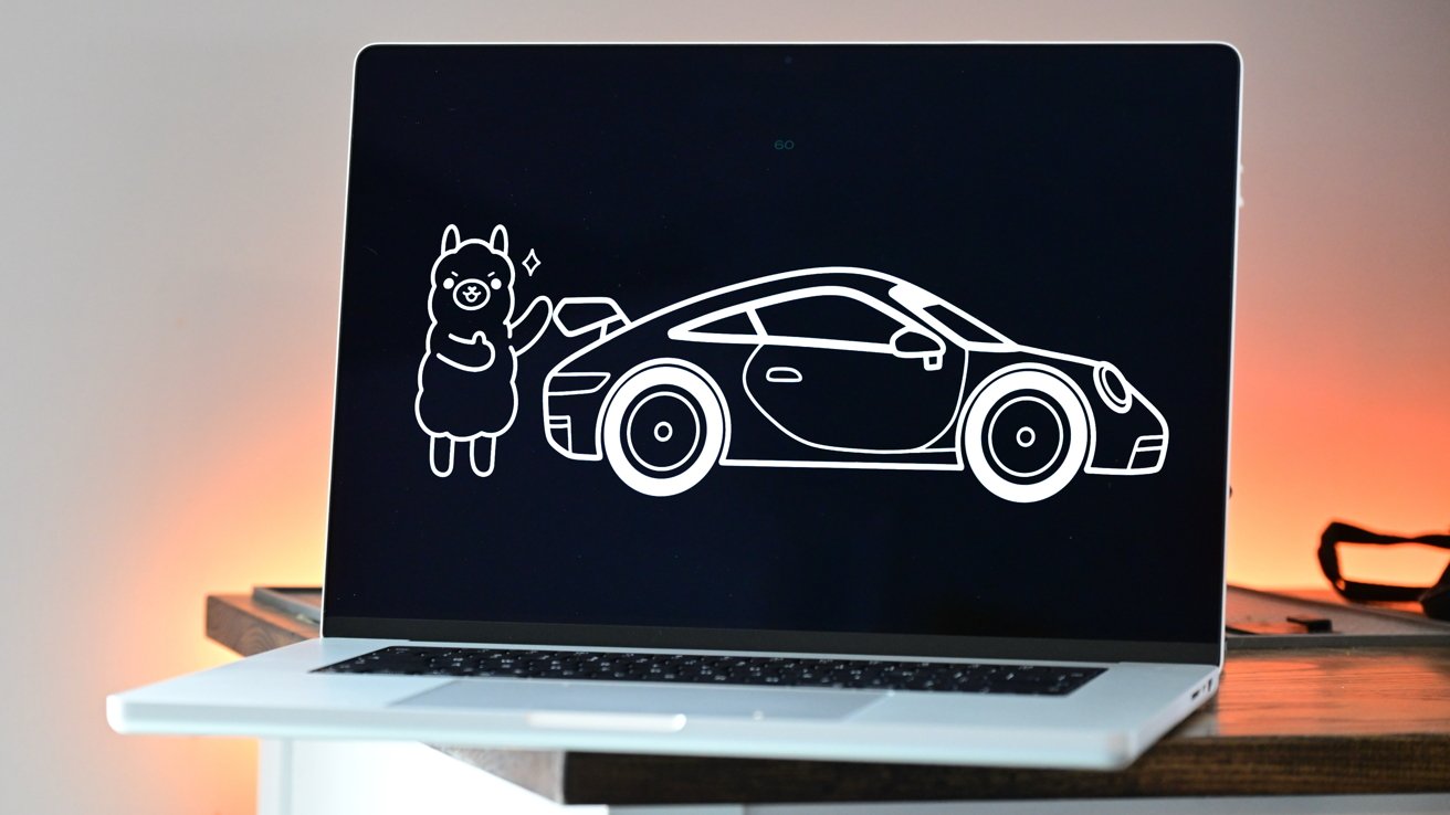 Open laptop on a desk displaying a black screen with a white line drawing of a cute alpaca character standing beside a sleek sports car, against a soft orange background.