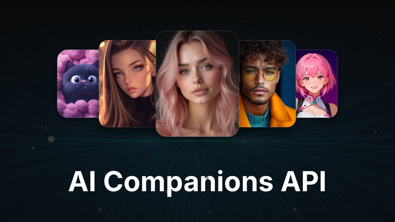 Collage of five colorful AI character avatars, including people and a cartoon cat, above bold white text reading AI Companions API on a dark futuristic background