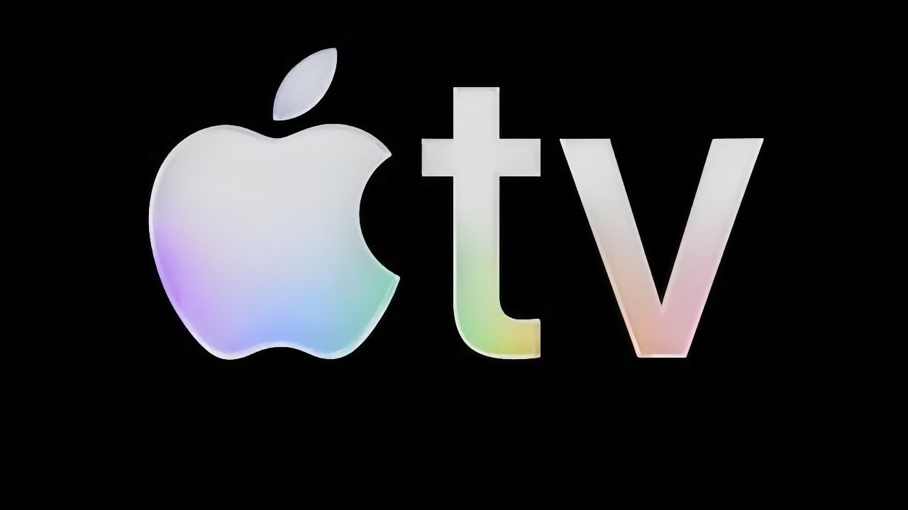Apple logo followed by lowercase letters t and v, all glowing with soft pastel gradient colors on a solid black background