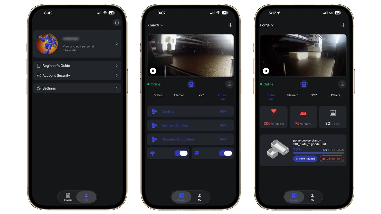 Three smartphone screens showing a dark-themed 3D printer control app with user profile, live print camera views, temperature and cooling status, progress percentage, and buttons to pause or cancel printing
